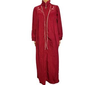 Vintage 90s Katz USA Sz M/XL Nightgown Flannel Robe Off Red Zip Up Embroidered